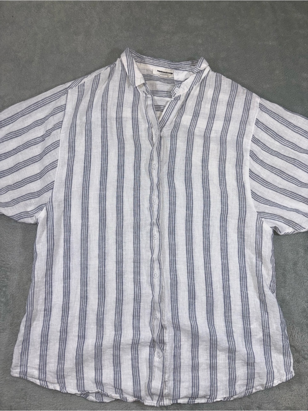 BeachLunchLounge Linen Blend Blue & White Striped Mandarin Collar Shirt XS